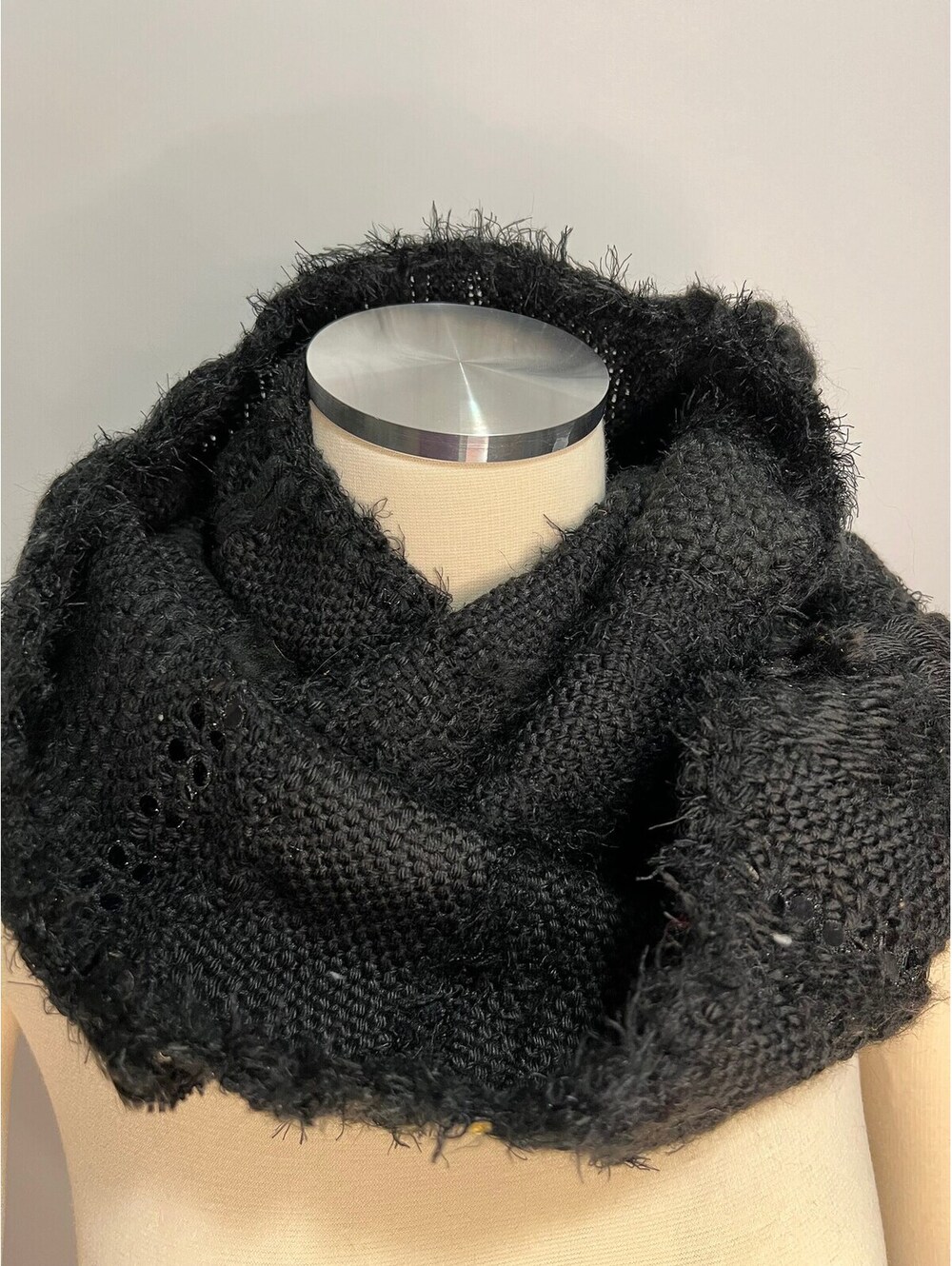 Woven on the Loom Chunky Knit Cowl Scarf: Black Merino Wool Blend, Hand Woven